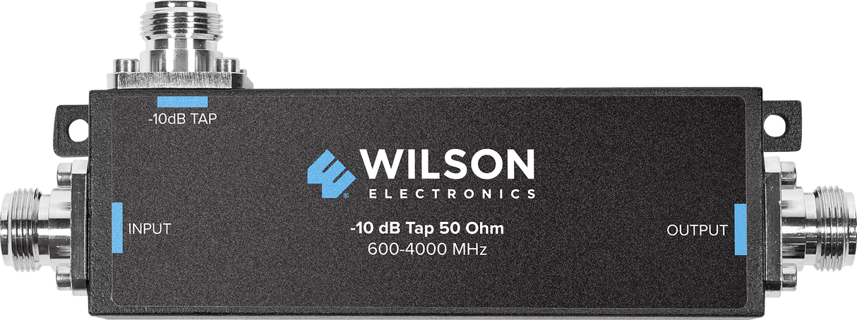 Black Wilson -10 dB tap labeled 600-4000 MHz 50 Ohm, with N-Female input and output ports on the ends and a tap port on top.