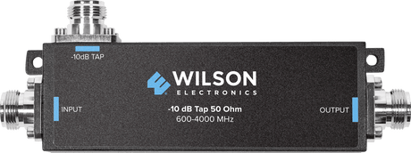 Black Wilson -10 dB tap labeled 600-4000 MHz 50 Ohm, with N-Female input and output ports on the ends and a tap port on top.