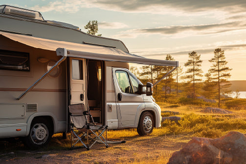 RV parked in a scenic outdoor setting with a bear nearby
