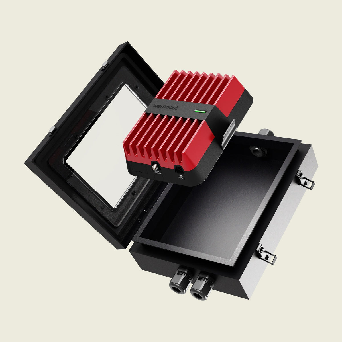 weBoost SxS weatherproof enclosure open with the Drive Reach amplifier inside